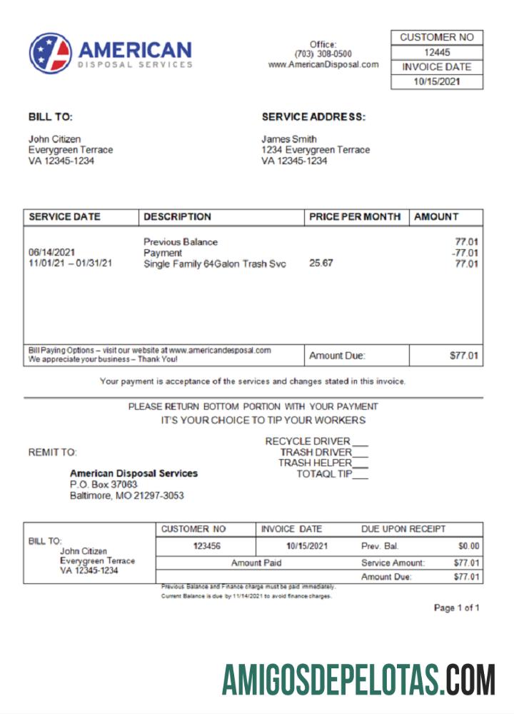 Fatura de Descarte Americana dos EUA amostra